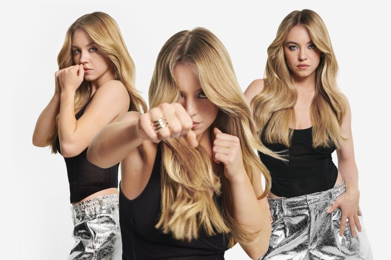 Banner z aktorką Sydney Sweeney w trzech różnych pozach