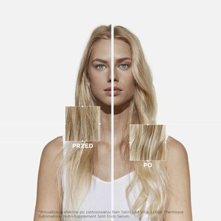 Portret kobiety z długimi, gładkimi i lśniącymi włosami w kolorze blond. Pokazuje włosy przed i po zastosowaniu pielęgnacji przeciw elektryzowaniu się włosów. Tło beżowe